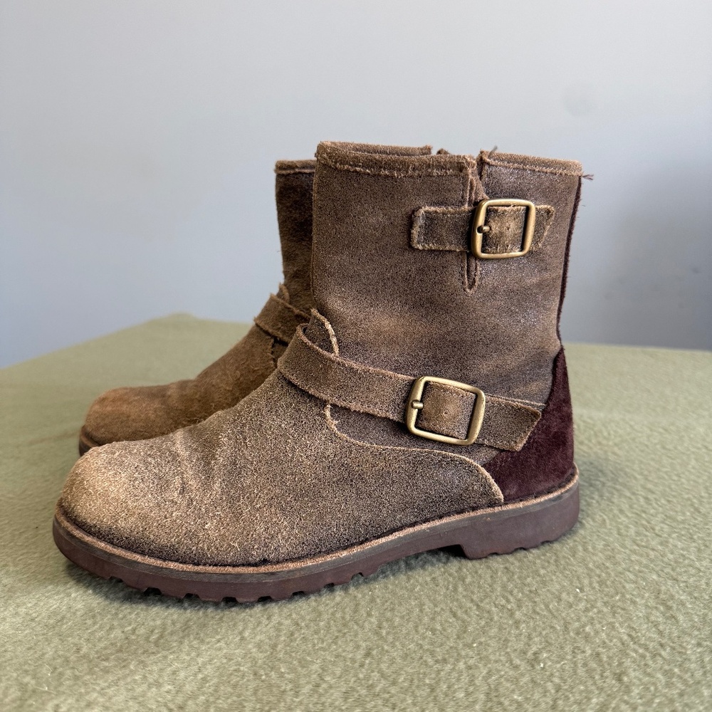 UGG K Harwell Bomber Boots Kids Brown Teak Leather Wool Lining‎ Size 3